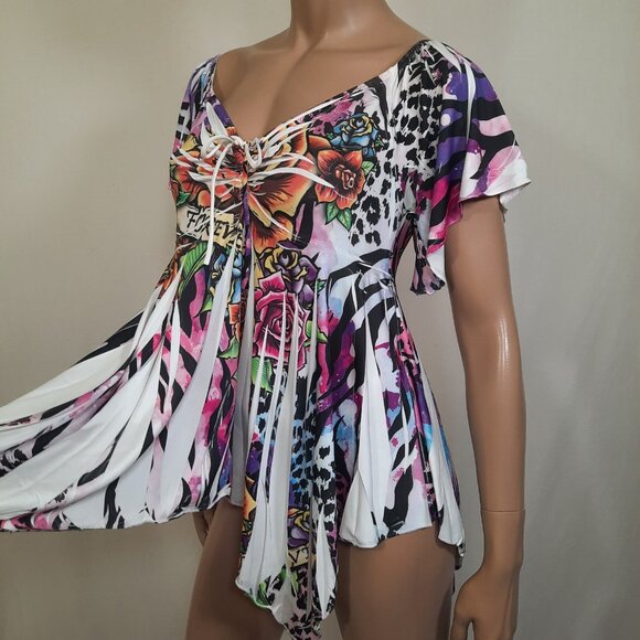 Y2K Long Babydoll Top Asymmetric Hem Fairy Floral Tattoo Print Size M White - Picture 1 of 11